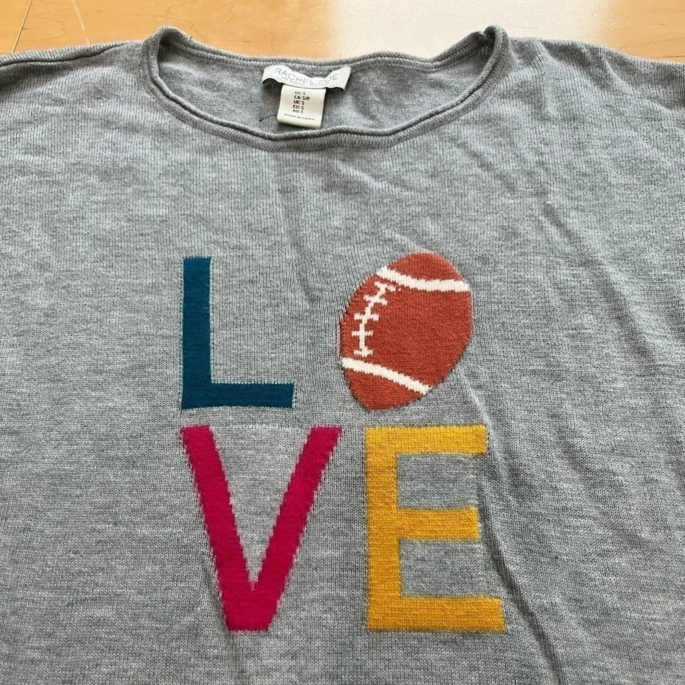 Rachel Zoe gray LOVE football lightweight pull over crew neck sweater size small